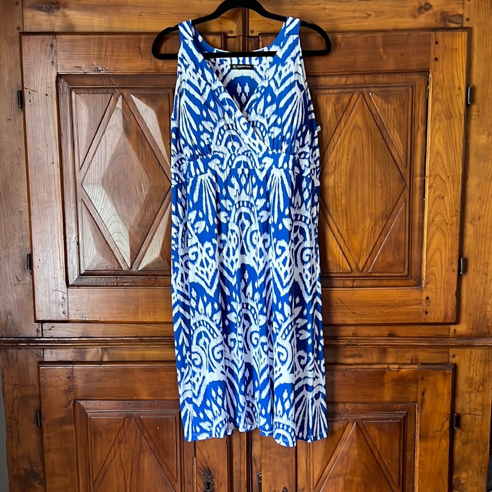 Royal blue and white ikat pattern dress.